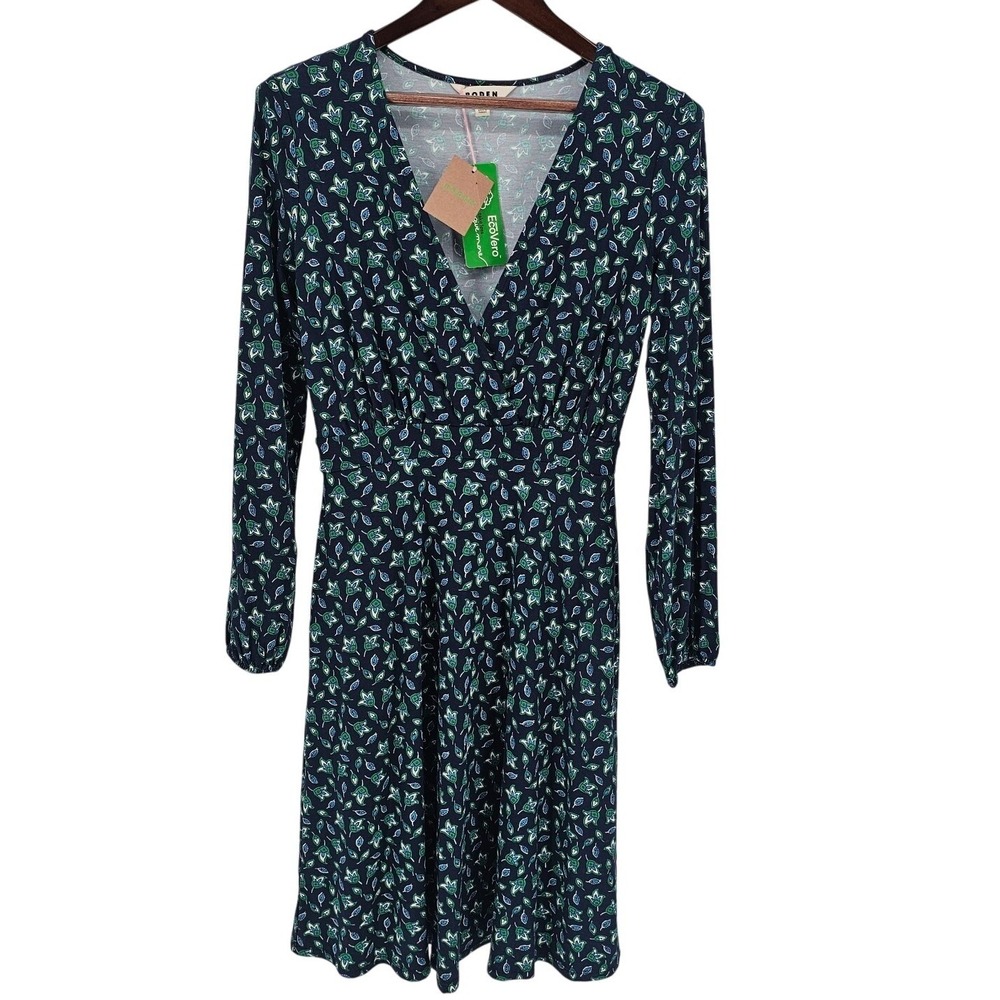 BODEN Floral Long Sleeve Dress US 4L  UK 8L Jersey Knit‎ Navy Midi Cottage Core